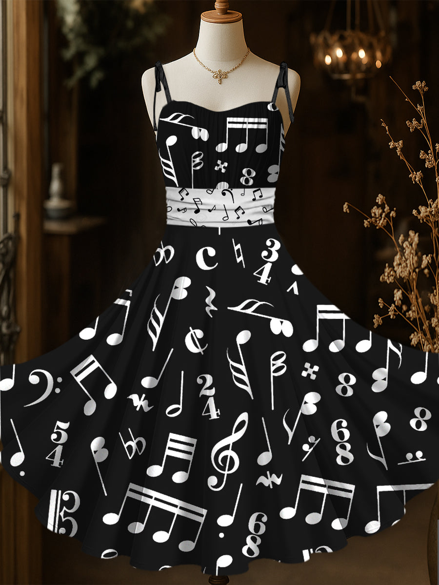 Retro Notes Art Printed Vintage Chic Pleated Waist Slip Midi Dress