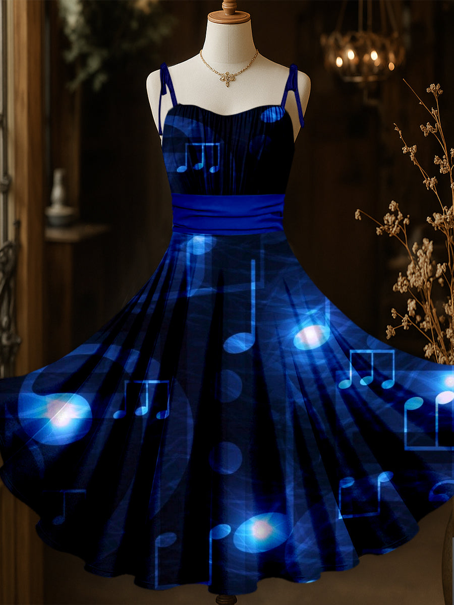 Retro Notes Art Printed Vintage Chic Pleated Waist Slip Midi Dress