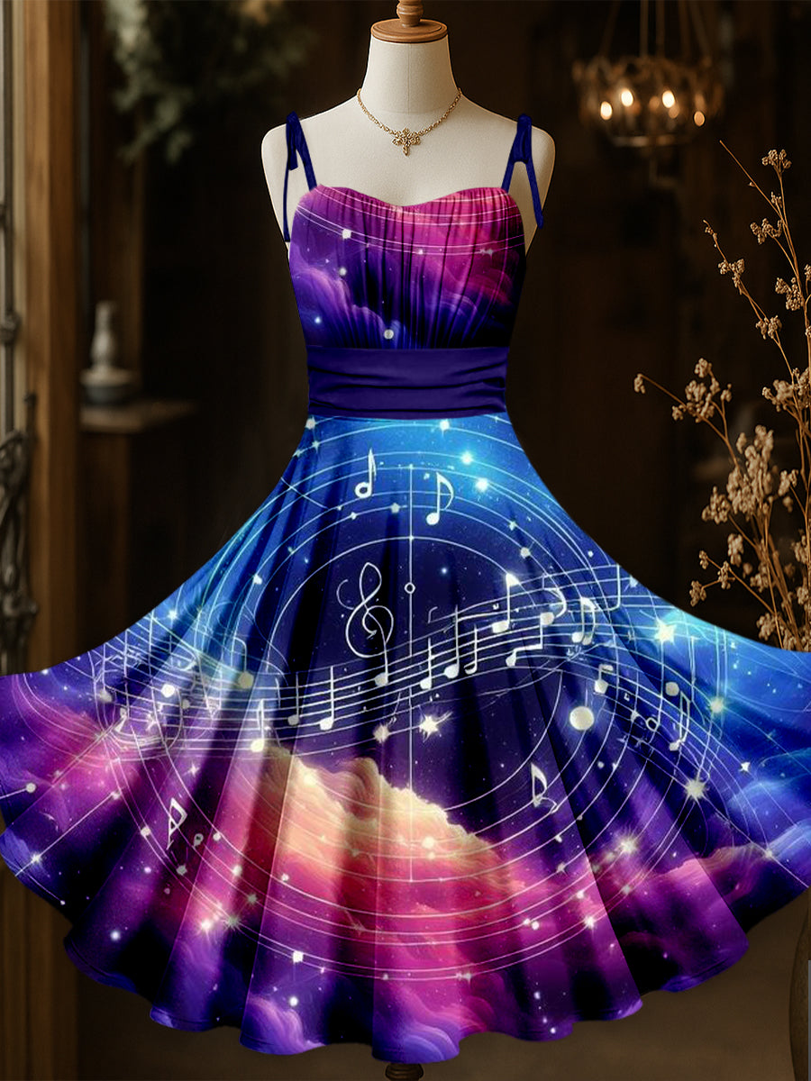 Retro Notes Art Printed Vintage Chic Pleated Waist Slip Midi Dress