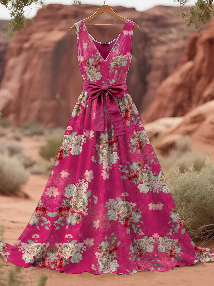 Retro Floral Art Print V-Neck Sleeveless Cotton Maxi Dress