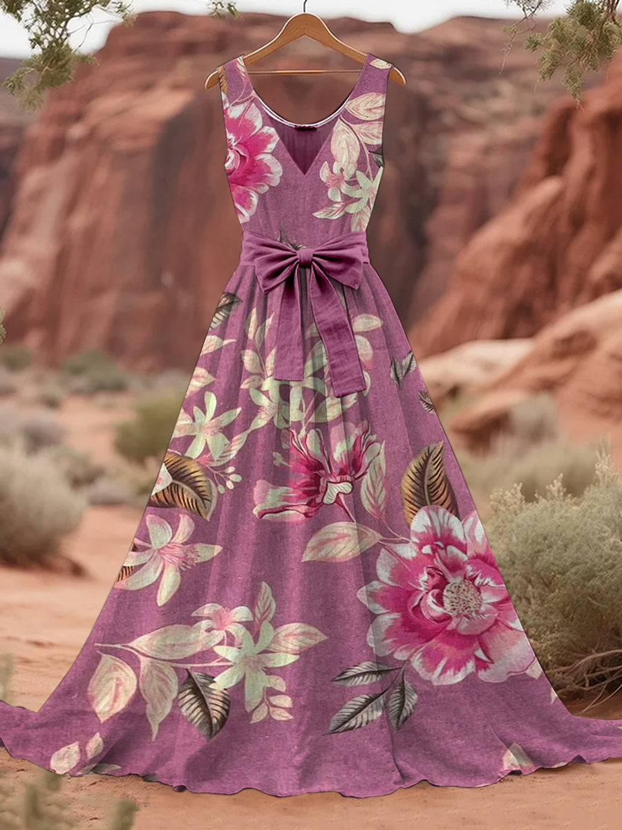 Retro Floral Art Print V-Neck Sleeveless Cotton Maxi Dress