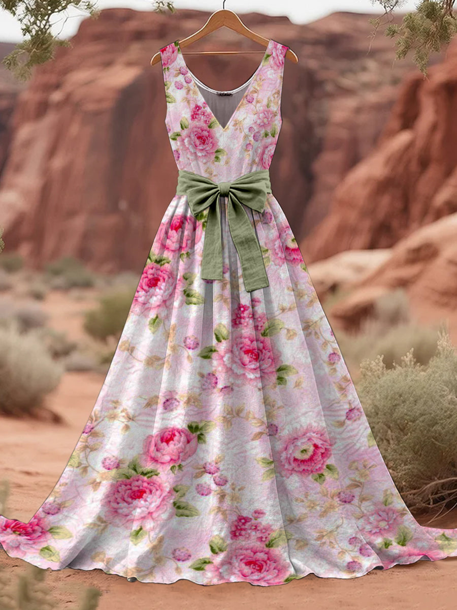 Retro Floral Art Print V-Neck Sleeveless Cotton Maxi Dress