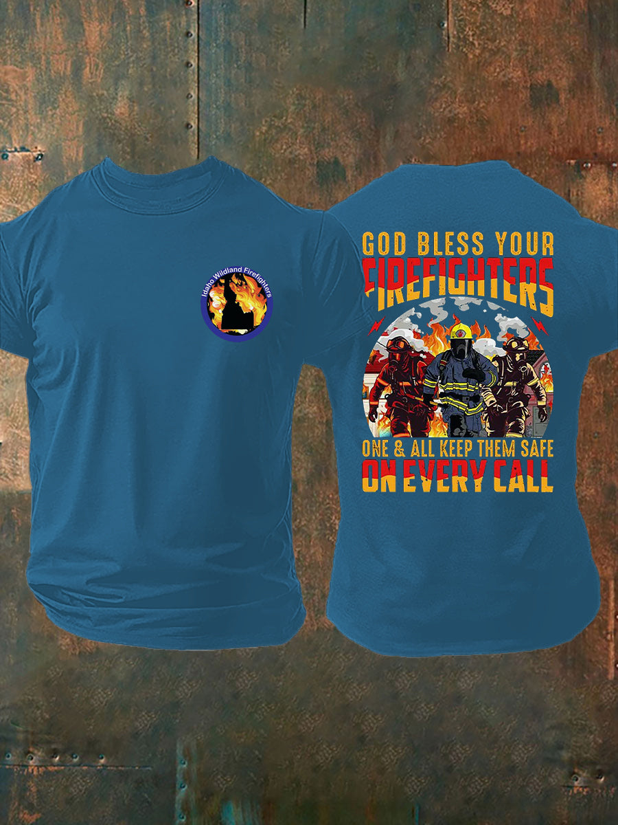 Men's Idaho Wildland Firefighter God Bless Firefighters Printed T-shirt