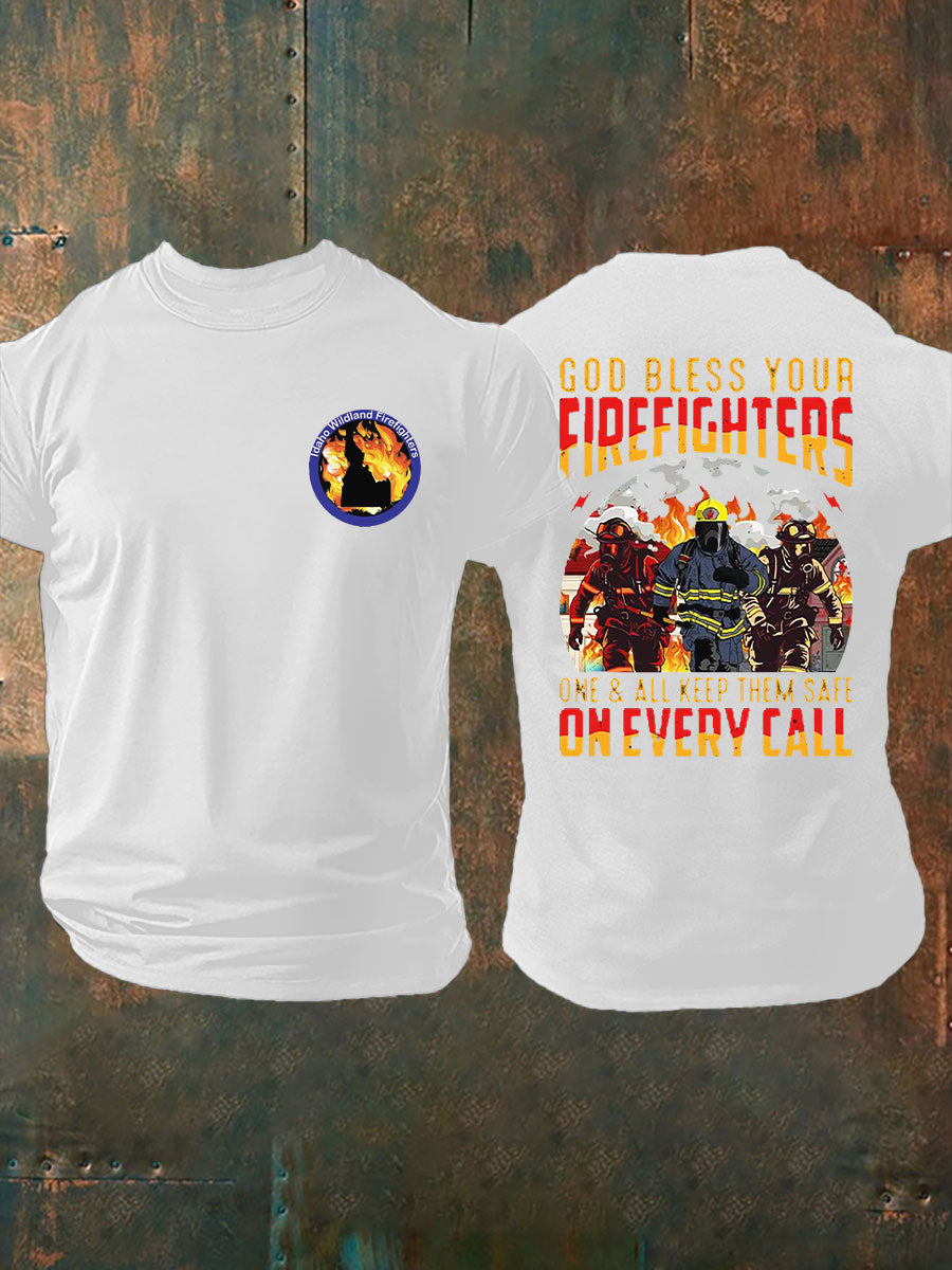 Men's Idaho Wildland Firefighter God Bless Firefighters Printed T-shirt