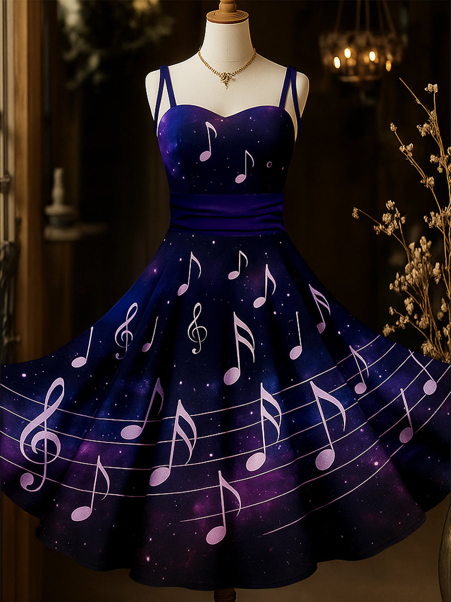 Retro Note Art Printed Vintage Chic Pleated Waist Slip Midi Dress