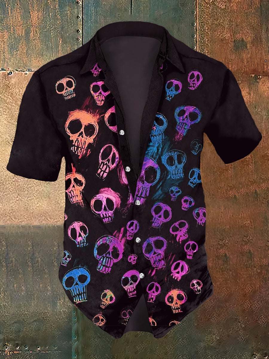 Men's Abstract Psychedelic Skull Print Casual Short Sleeved Shirt