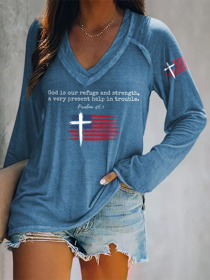 Women's Faith Flag Double Layer Neck Long Sleeve T-Shirt