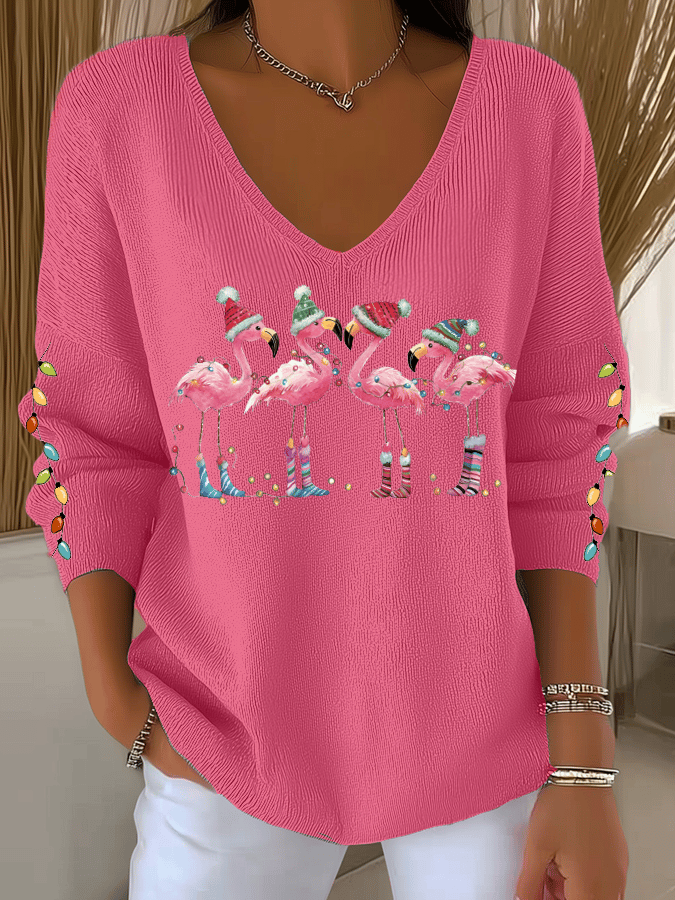 Women's Flamingo wearing Santa hat Printed Tops