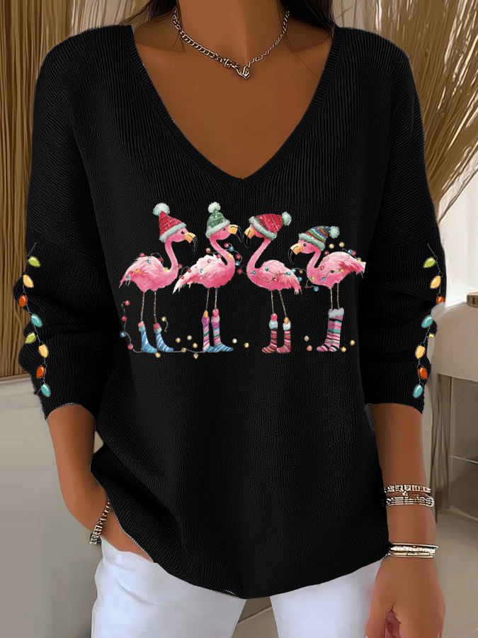 Women's Flamingo wearing Santa hat Printed Tops