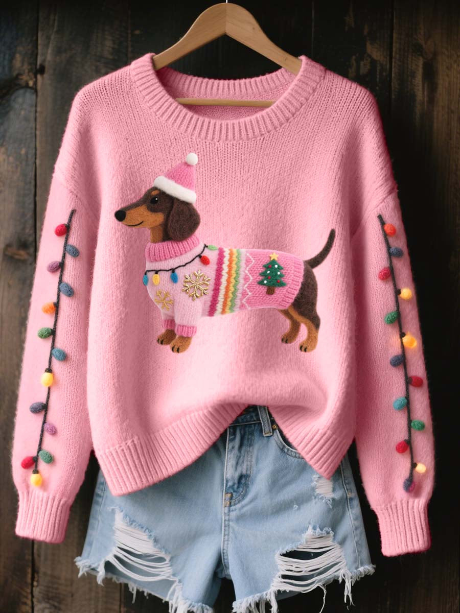 Women's Christmas Dachshund Felt Art Cozy Knit Sweater