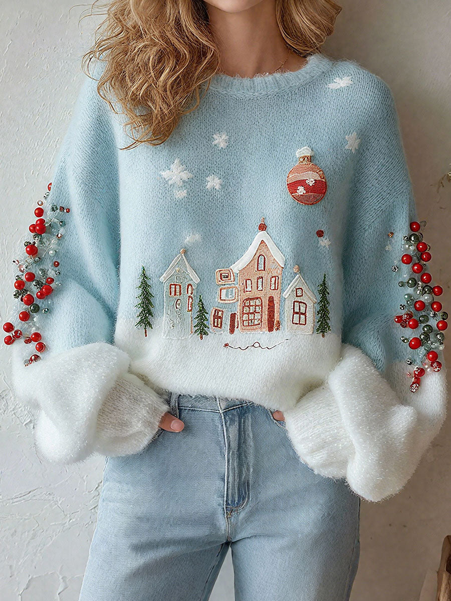 Women's Christmas snow village printed tops