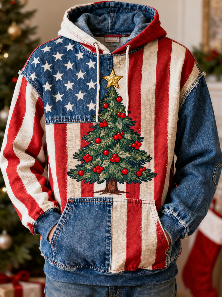 Men's Retro American Flag Christmas Tree Hoodie