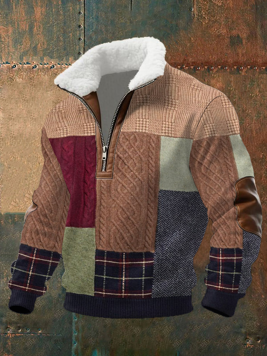 Men's Retro Patchwork Cable Pattern Print Fur Collar Zipper Sweatshirt