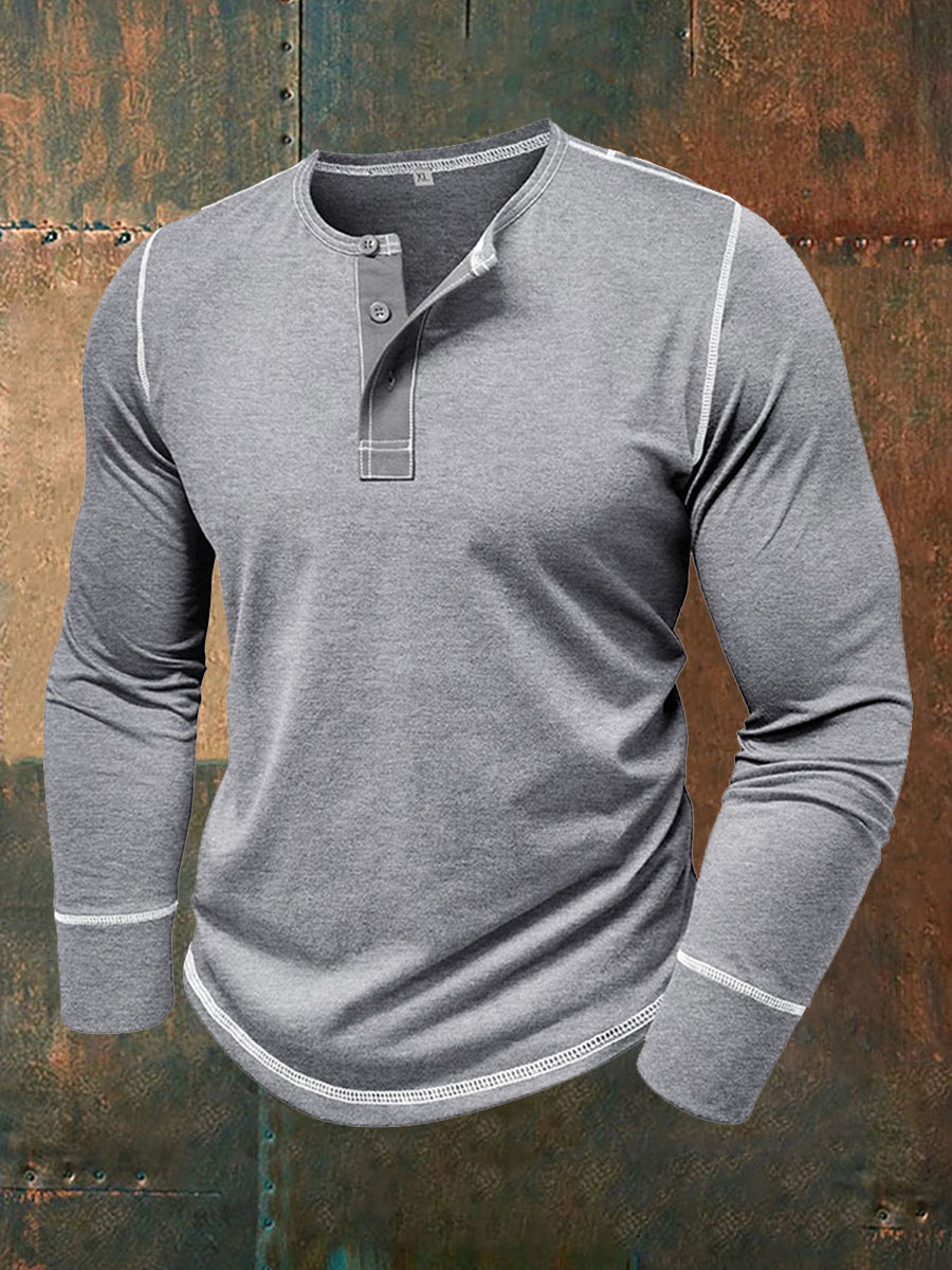 Men's Solid Color Casual Henley Collar Long-Sleev T-Shirt
