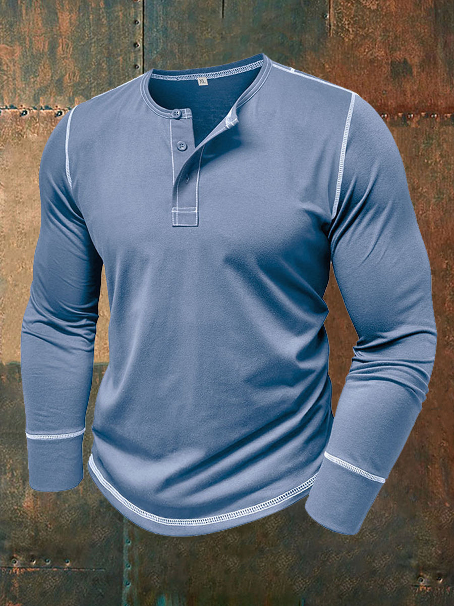 Men's Solid Color Casual Henley Collar Long-Sleev T-Shirt