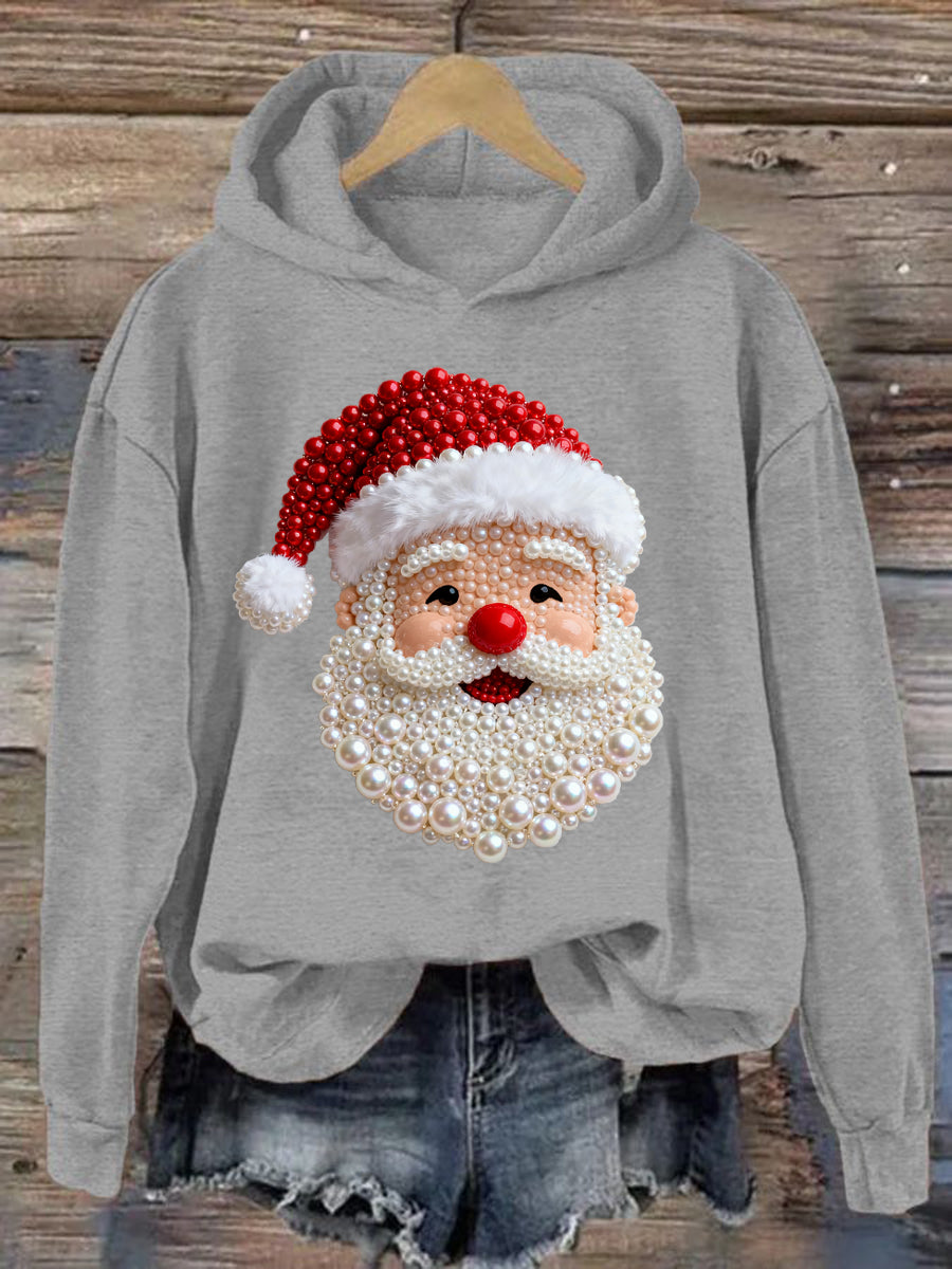 Women's Christmas Pearl Santa Claus Print Casual Hoodie