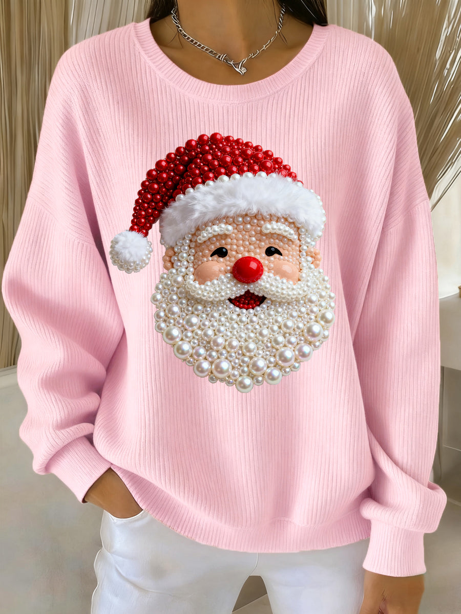 Women's Christmas Pearl Santa Claus Print Casual Sweater
