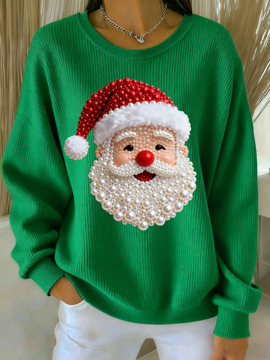 Women's Christmas Pearl Santa Claus Print Casual Sweater