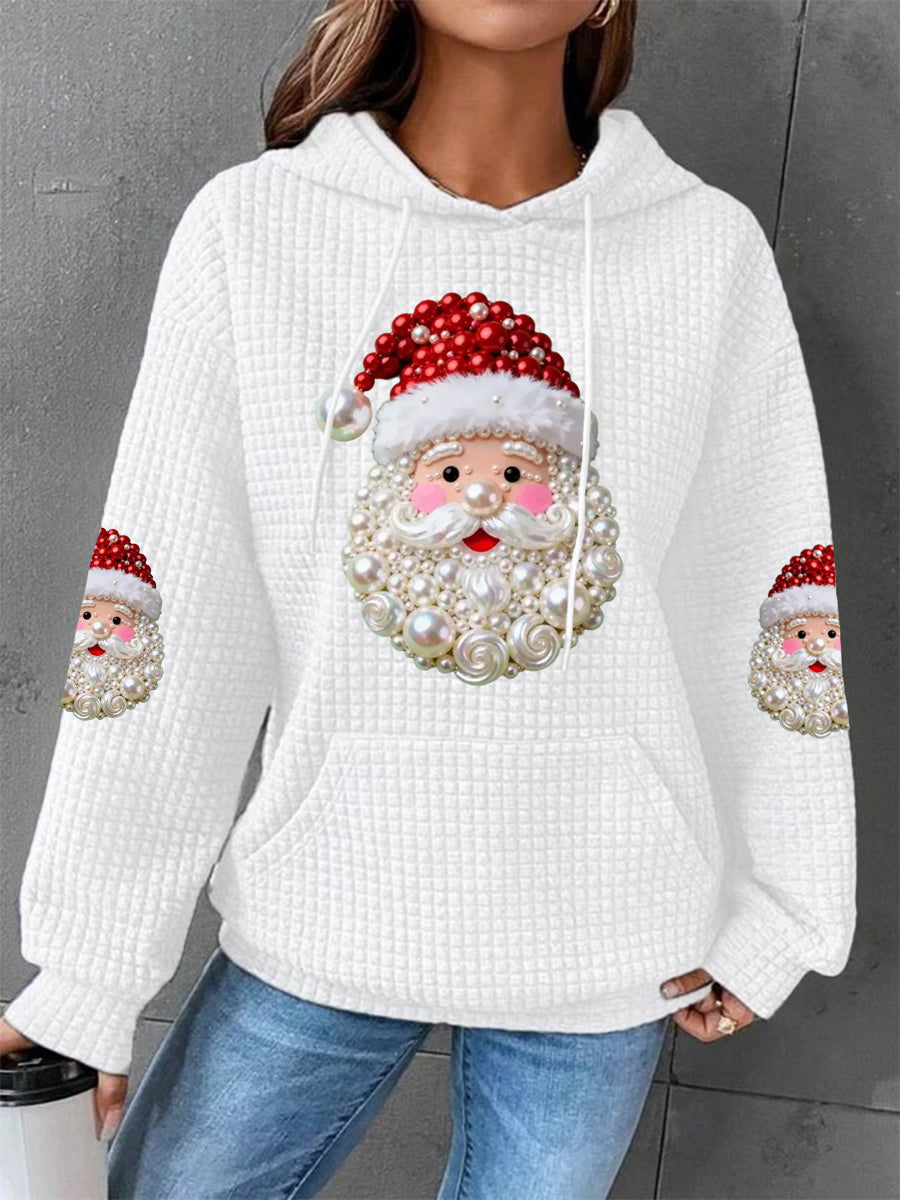Women's Christmas Pearl Santa Claus Print Casual Waffle Hoodie
