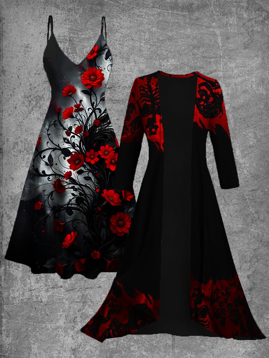 Vintage Floral Print Suspender Dress Two Piece Dress