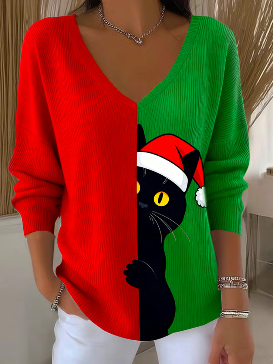 Women's Christmas cat Printed Tops