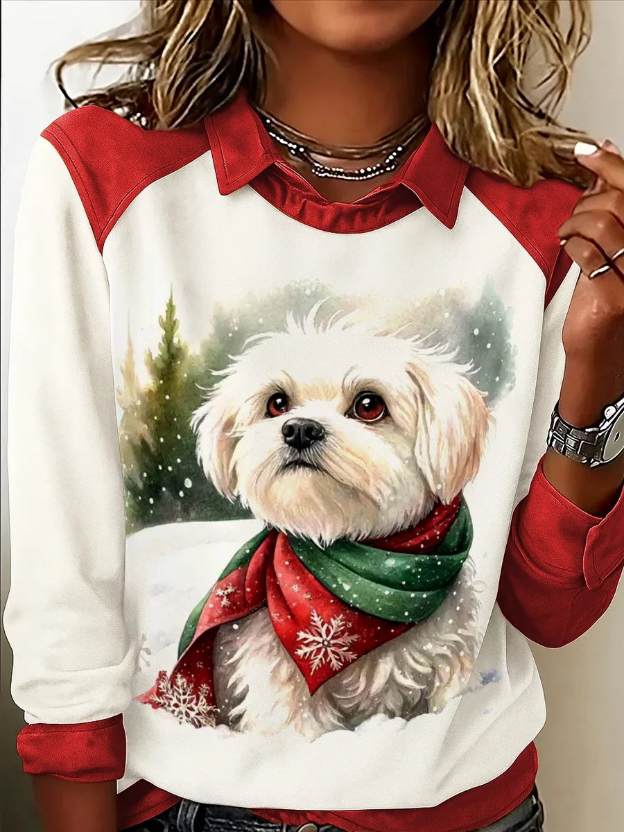 Women's Christmas Dog Print Casual Top