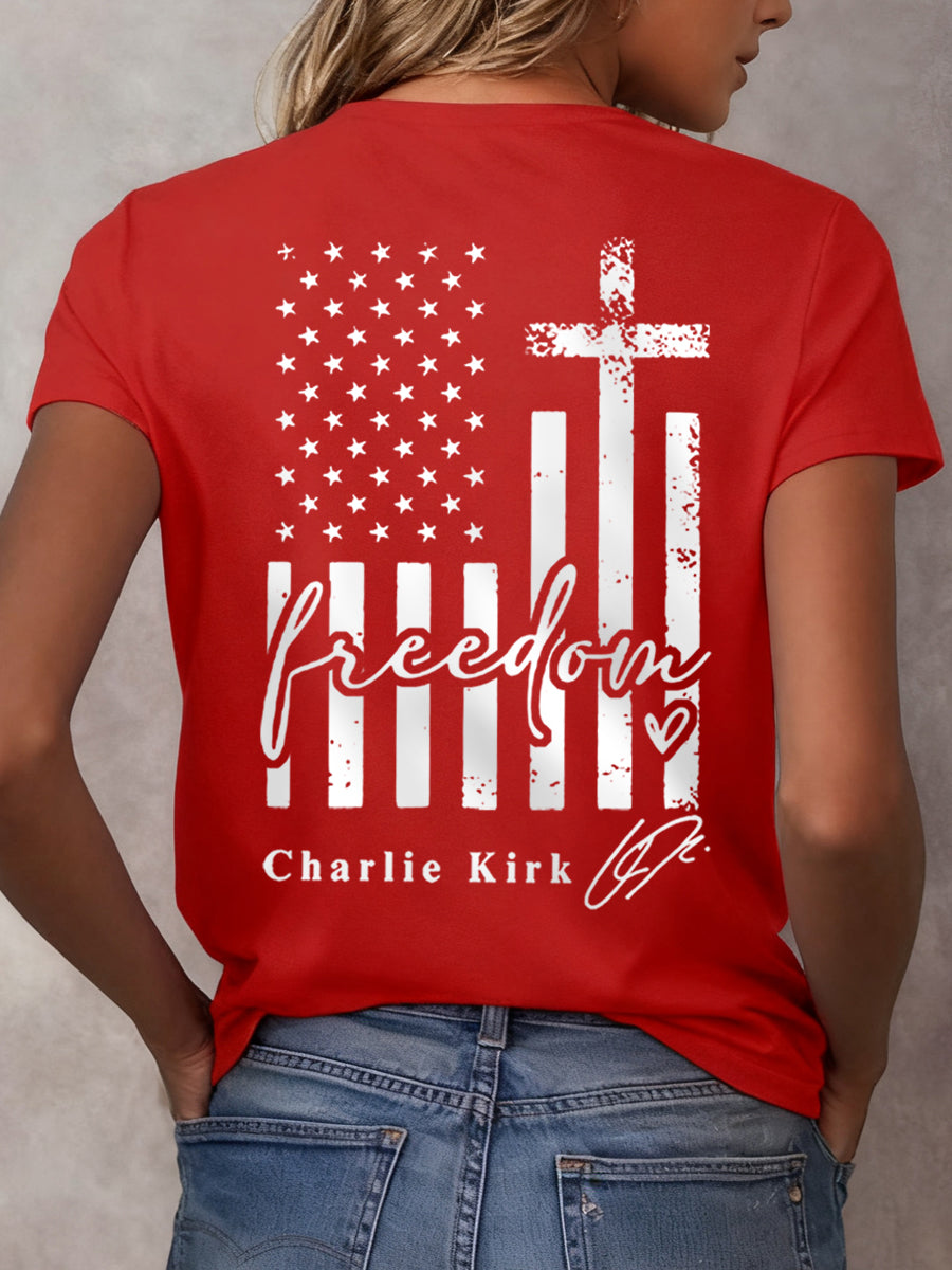 Women's Freedom Charlie Kirk USA Flag Print Tee