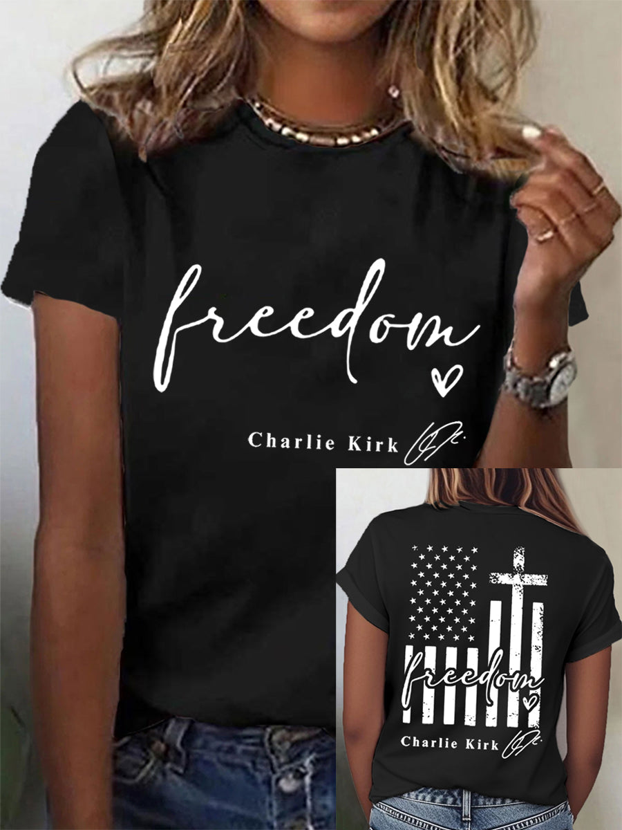 Women's Freedom Charlie Kirk USA Flag Print Tee
