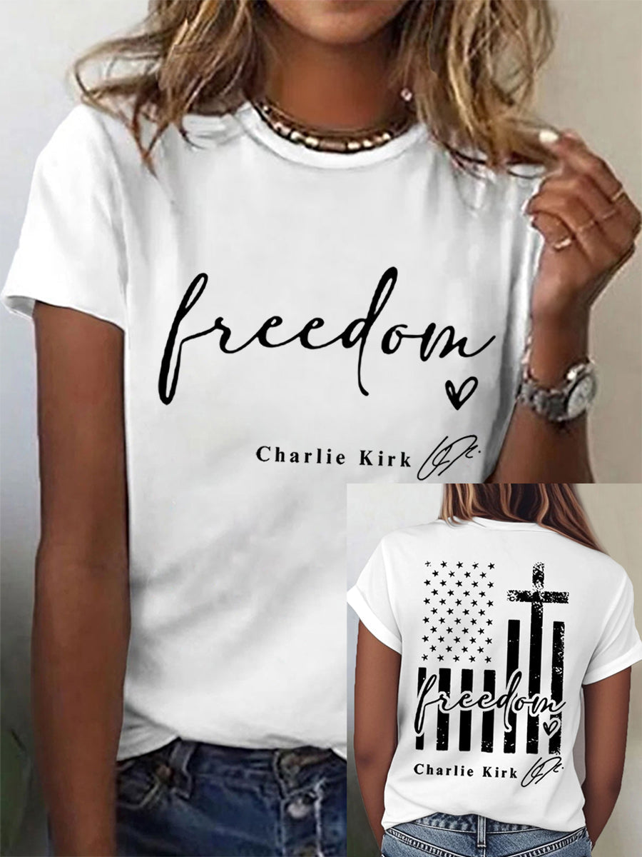 Women's Freedom Charlie Kirk USA Flag Print Tee