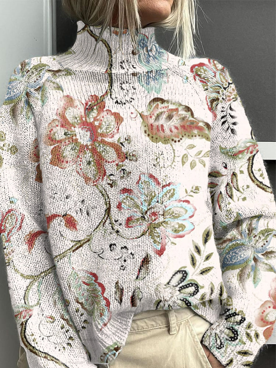 Women's Floral Elegant Half-Turtleneck Jumper