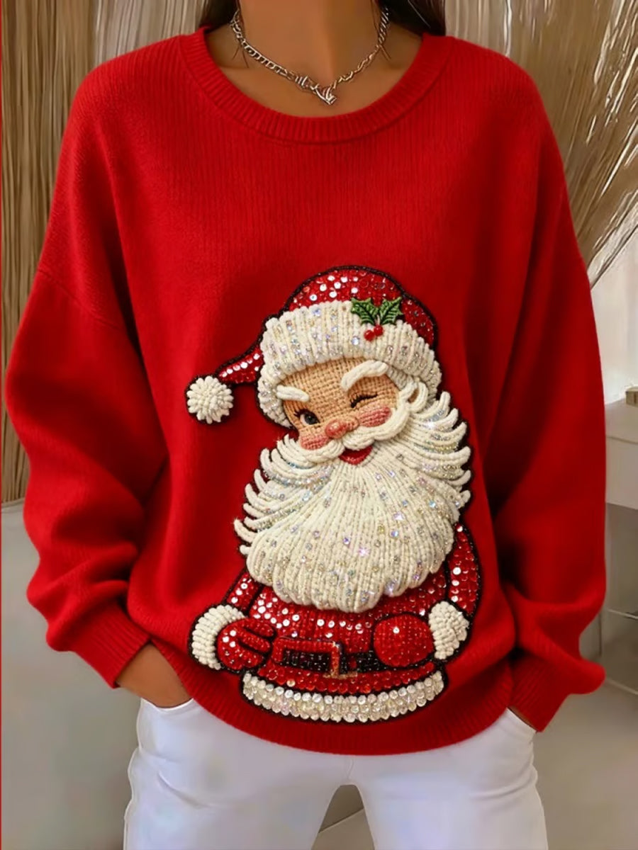 Women's Christmas Santa Claus Art Ribbed Round-Neck Sweatshirt
