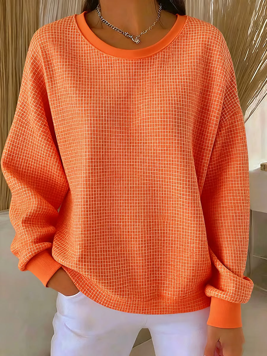 Women's Autumn Thanksgiving Plaid Print Ribbed Round-Neck Sweatshirt