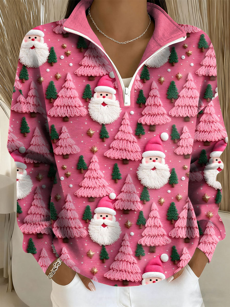Women's Santa Print Casual Zip-Up Top