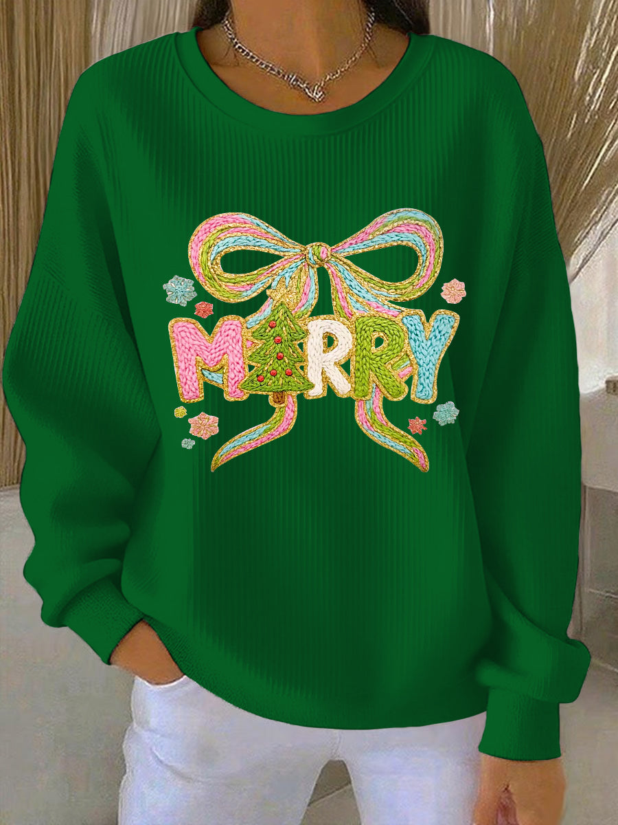 Women's Christmas Merry Christmas Ribbed Round-Neck Sweatshirt