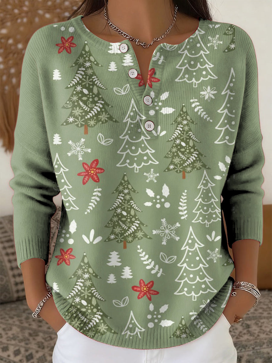 Women's Christmas Tree Art Print Buttoned Cardigan Sweater