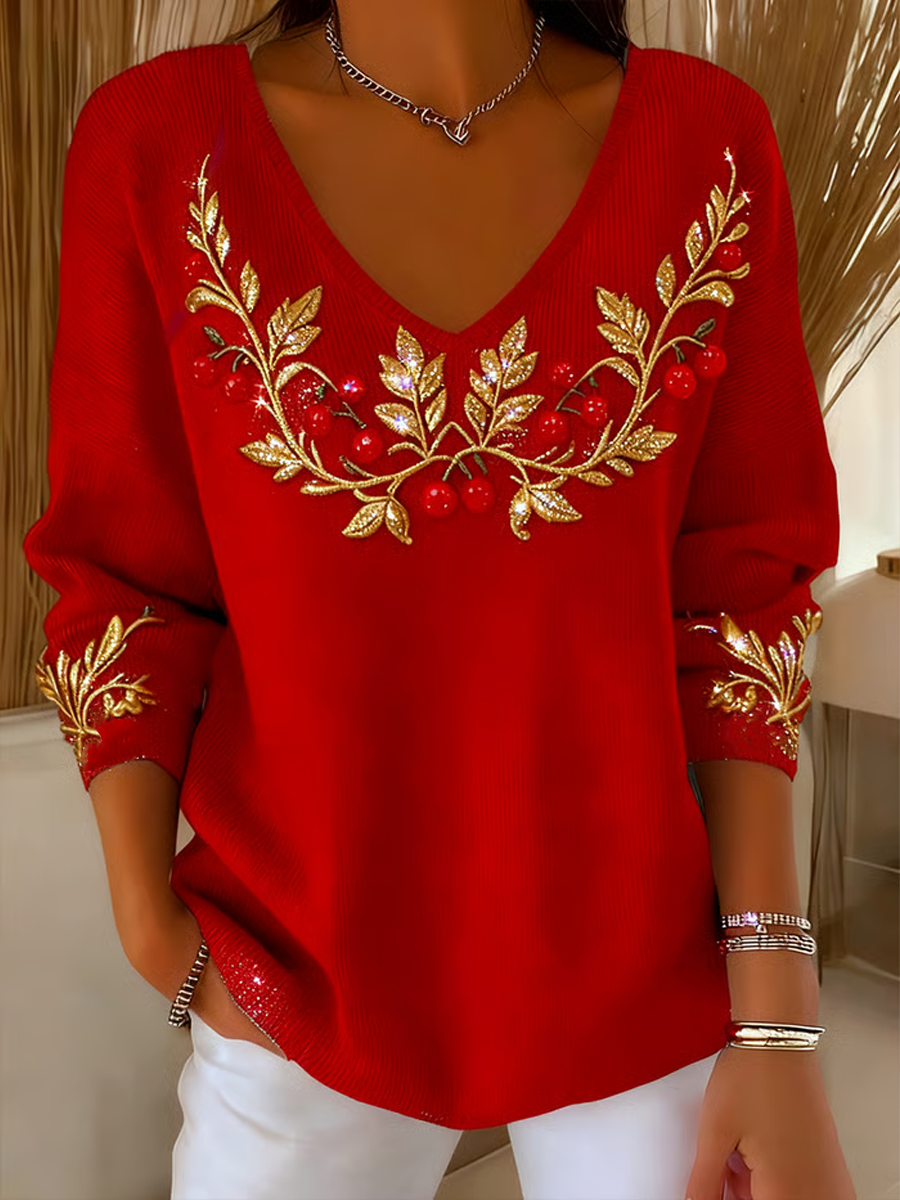 Women's Christmas Print Knit Long Sleeve Top