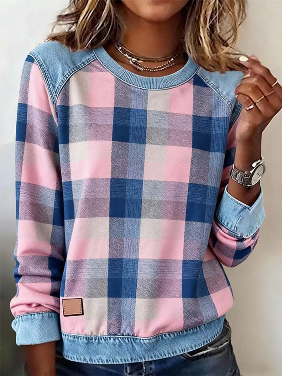 Women's Vintage Plaid Pattern Patchwork Art Sweatshirt