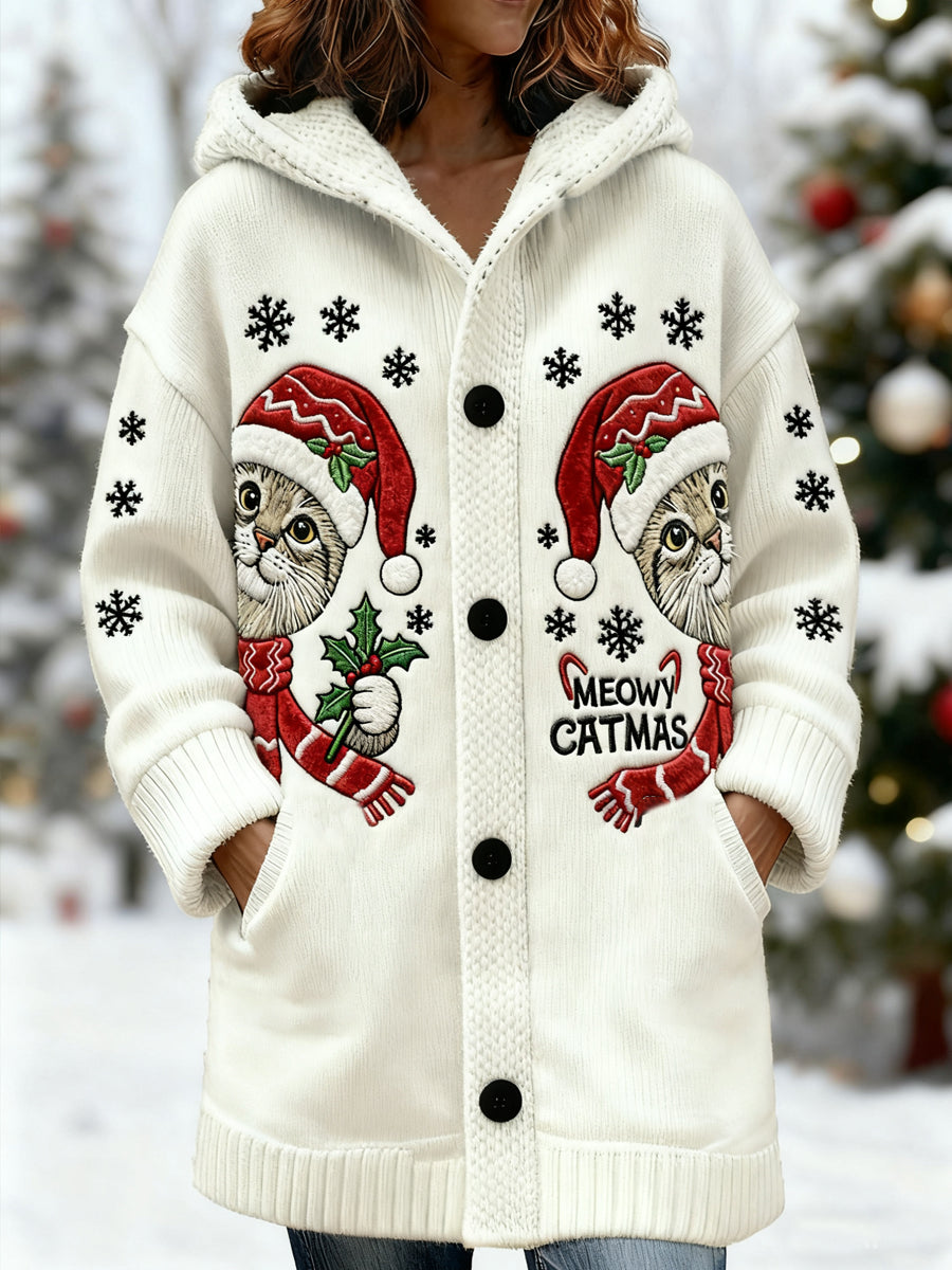 Women's Cute Christmas Cat Print Casual Mid-Length Hooded Cardigan