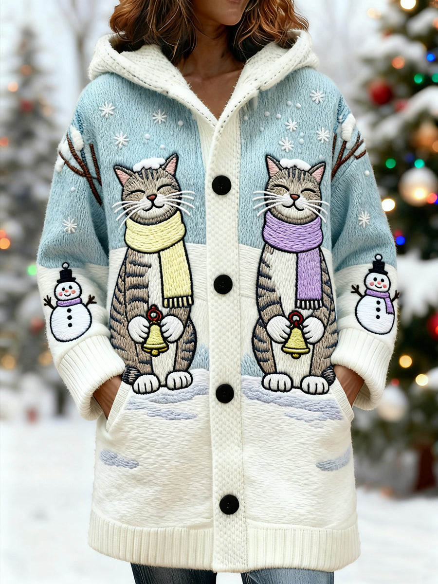 Women's Cute Winter Cat Print Casual Mid-Length Hooded Cardigan