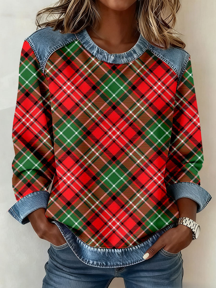 Women's Christmas Inspired Plaid Pattern Patchwork Art Sweatshirt