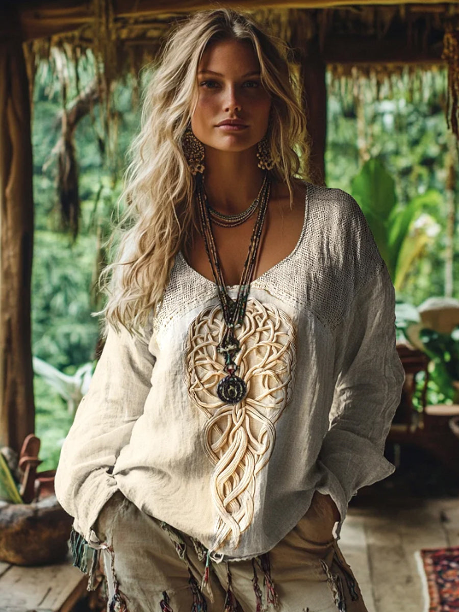 Women's Vintage U Viking Tree Of Life Art Cotton And Linen T-shirt