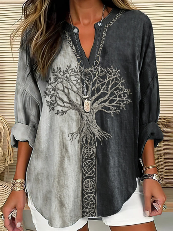 Women's Viking Life Of Tree Art Linen Print Casual Shirt