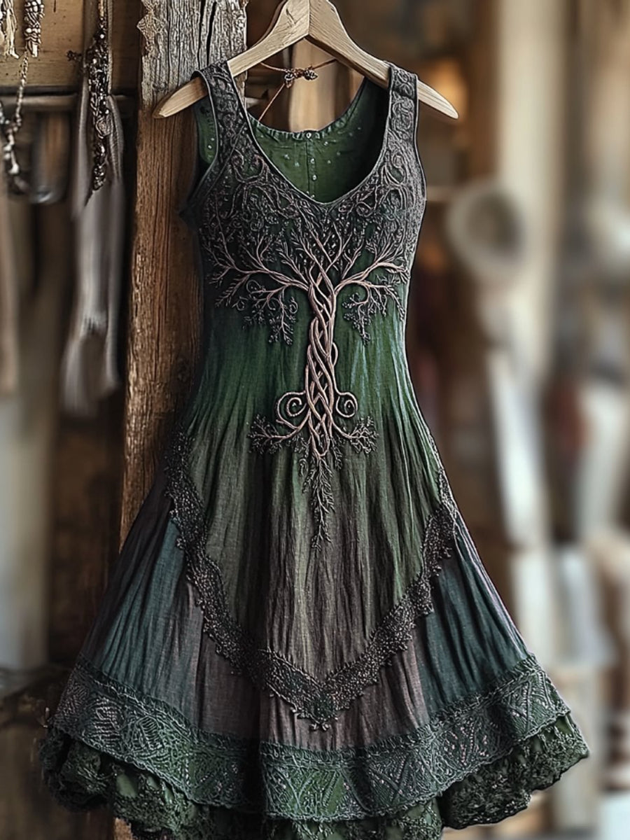Women's Vintage Viking Tree Of Life Gradient Linen Dress