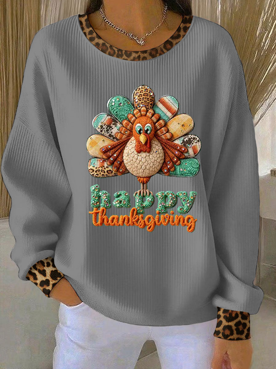 Women's Casual Thanksgiving Ribbed Round-Neck Sweatshirt