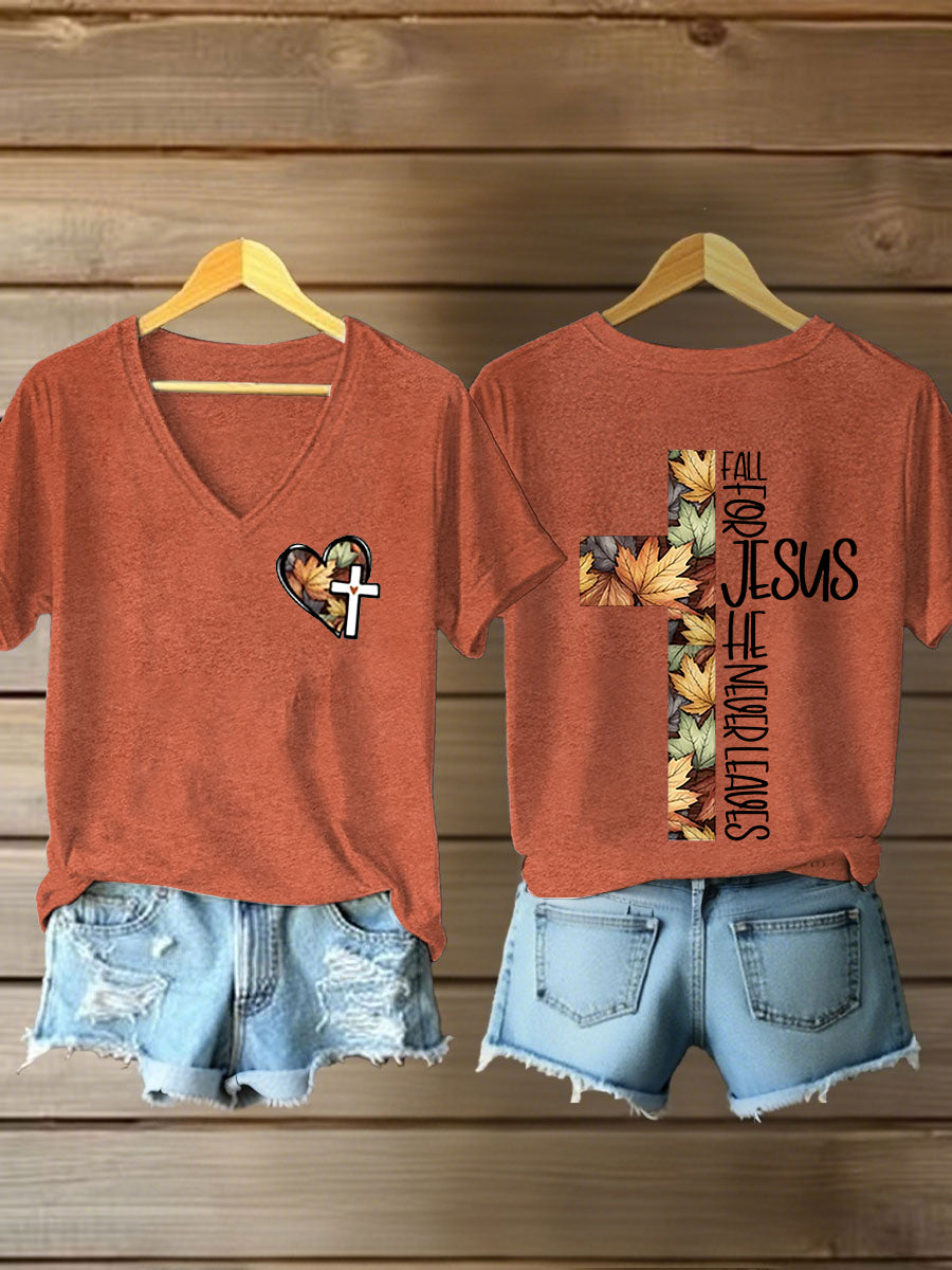 Women's Fall For Jesus, He Never Leaves Cross Short Sleeve T-Shirt