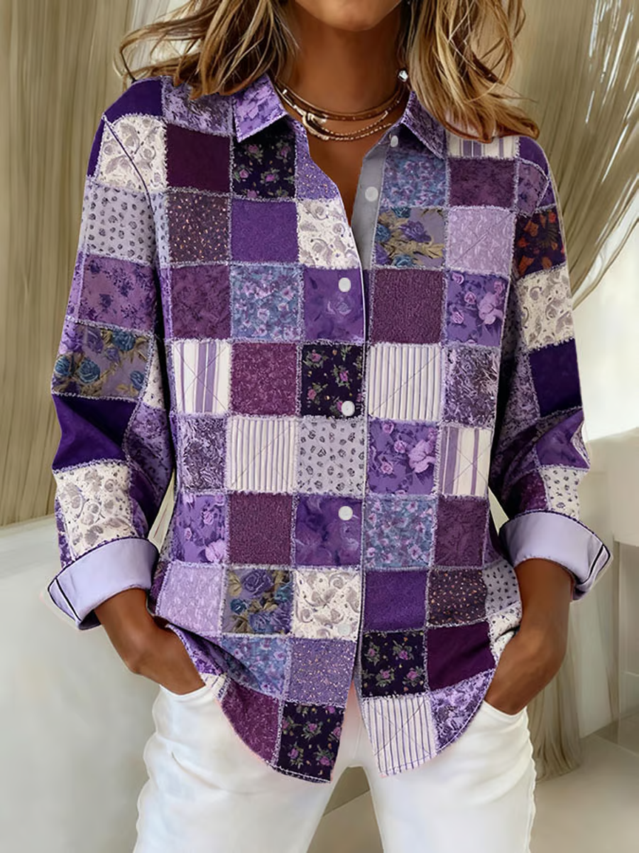 Women's Purple Patchwork Print Casual Lapel Shirt