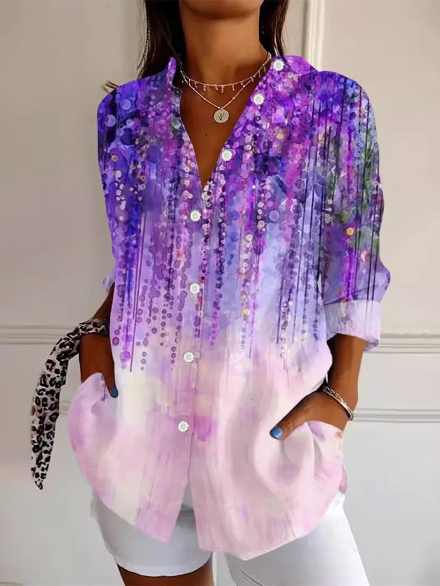 Women's Alzheimer's Awareness Purple Flower Printed Cotton Linen Long Sleeve Shirt