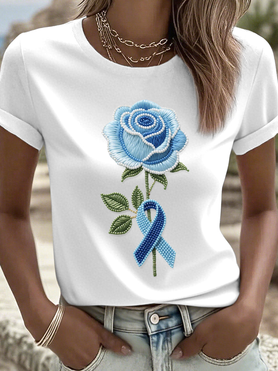 Women's Blue Rose Beaded Embroidered T-Shirt
