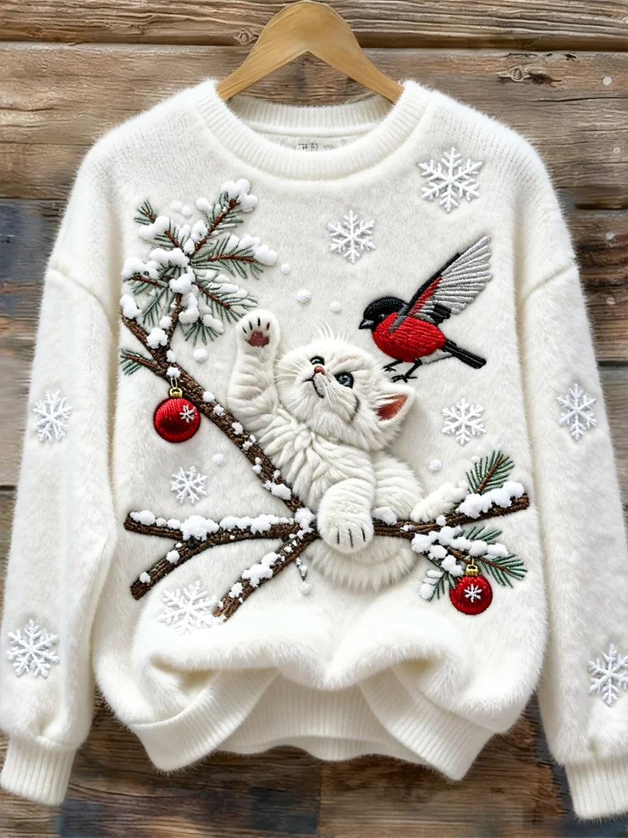 Women's Christmas Cute Cat Art Print Flannel Sweatshirt