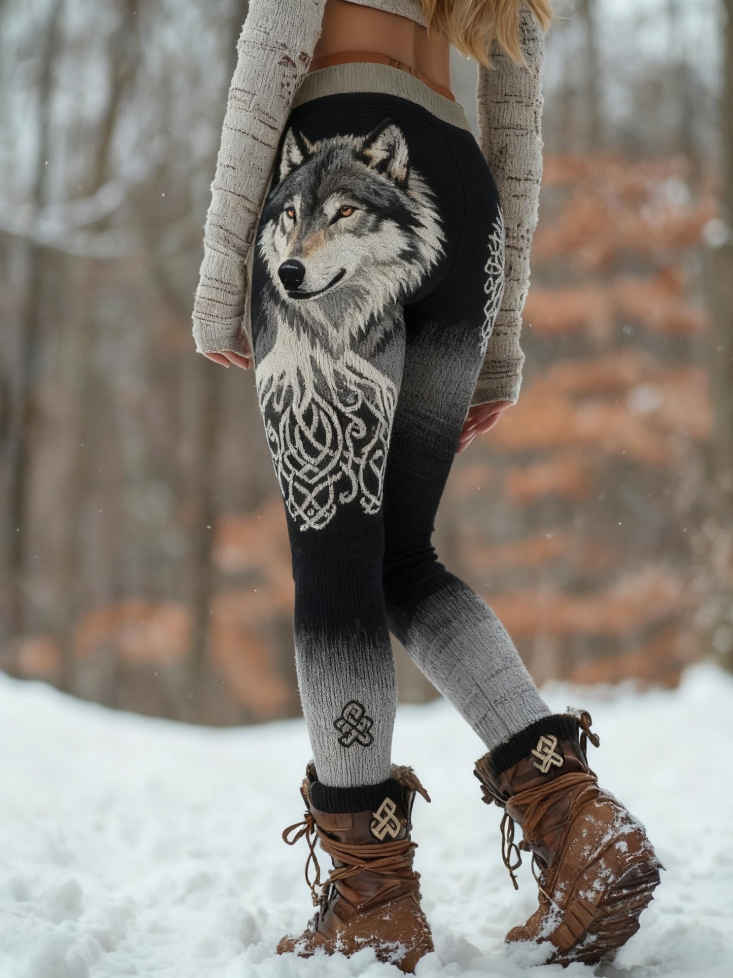 Women's Retro Viking Wolf Celtic Knot Tree Of Life Sports Stretch Leggings